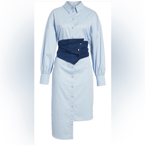 Tibi XS Corset Shirtdress Blue Cotton Poplin Midi Dress - Picture 12 of 12